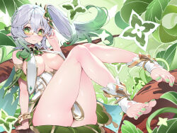 Rule 34 | 1girl, aged up, alternate breast size, bespectacled, bracelet, breast curtains, breasts, closed mouth, genshin impact, glasses, gradient hair, green eyes, green hair, green nails, grey hair, highres, jewelry, large breasts, legs, looking at viewer, multicolored hair, nahida (genshin impact), nail polish, pointy ears, side ponytail, sitting, smile, solo, thighs, toenail polish, toenails, toes, waterring