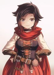 Rule 34 | 1girl, ammunition, belt, black choker, black hair, brown gloves, cape, choker, cross-laced clothes, fingerless gloves, gloves, gradient hair, long sleeves, looking at viewer, moai (moai world), multicolored hair, red cape, red hair, red skirt, ruby rose, rwby, short hair, simple background, skirt, smile, solo, standing, two-tone hair, white background