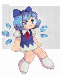 Rule 34 | 1girl, artist name, blue bow, blue dress, blue eyes, blue hair, blush, bow, bowtie, cirno, collared shirt, dress, flat chest, full body, hair bow, ice, ice wings, looking at viewer, neiroval, no shoes, open mouth, puffy short sleeves, puffy sleeves, red bow, red bowtie, shirt, short dress, short hair, short sleeves, socks, solo, touhou, white shirt, wings