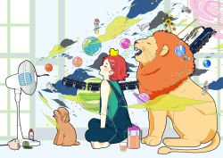 Rule 34 | 1girl, animal, aqua shirt, astronaut, barefoot, bird, blush, closed eyes, cloud, cup, dog, drink, hair ornament, hairclip, hand fan, highres, indoors, lion, open mouth, original, overalls, pitcher (container), planet, planetary ring, profile, shirt, short hair, sleeveless, sleeveless shirt, solo, yoshimon