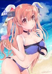 Rule 34 | 1girl, beach, bikini, blue bikini, blue sky, breasts, brown eyes, choker, cleavage, cloud, commentary request, cowboy shot, day, food, hair ornament, hair ribbon, hatoneko, highres, ice cream, johnston (kancolle), kantai collection, leaning forward, light brown hair, long hair, looking at viewer, medium breasts, outdoors, ribbon, sky, solo, star (symbol), swimsuit, tsurime, two side up