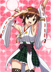 Rule 34 | 10s, 1girl, :d, armpits, arms up, blue eyes, brown hair, cowboy shot, detached sleeves, gradient background, headgear, hiei (kancolle), kantai collection, kezune (i- -i), looking at viewer, no legwear, nontraditional miko, open mouth, plaid, plaid skirt, polka dot, polka dot background, short hair, skindentation, skirt, smile, solo, thighhighs
