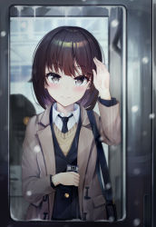 Rule 34 | 1girl, absurdres, bag, black eyes, black hair, black jacket, black neckwear, blazer, blush, brown jacket, buttons, cellphone, closed mouth, collared shirt, commentary, english commentary, exitb, hand up, highres, holding, holding phone, jacket, long sleeves, looking at viewer, necktie, open clothes, open jacket, original, phone, school uniform, shirt, short hair, shoulder bag, silhouette, smile, snowing, solo focus, sweater, train interior, vehicle interior, white shirt, wing collar