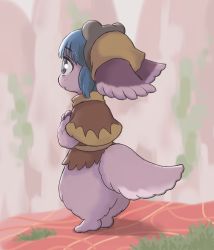 Rule 34 | 1girl, :o, arunsu92, blue eyes, blue hair, brown headwear, capelet, cyclops, ears through headwear, female focus, from side, grass, highres, made in abyss, monster girl, one-eyed, own hands together, pakkoyan, profile, solo, standing, tail