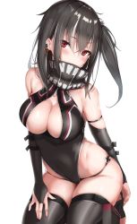 Rule 34 | 1girl, azur lane, bandana, bandana over mouth, black bandana, black hair, black one-piece swimsuit, black panties, black thighhighs, blush, breasts, center opening, cleavage, cleavage cutout, clothing cutout, covered mouth, cowboy shot, cross, cross earrings, detached sleeves, earrings, front zipper swimsuit, highleg, highleg swimsuit, highres, iron cross, jewelry, kneeling, large breasts, long hair, looking at viewer, meme attire, multicolored hair, one-piece swimsuit, one side up, panties, red eyes, reinama, sidelocks, simple background, skindentation, solo, stirrup legwear, streaked hair, swimsuit, thighhighs, thighs, toeless legwear, tsurime, u-47 (azur lane), underwear, white background, white hair