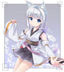 Rule 34 | 1girl, animal ears, blue eyes, bow, detached sleeves, flower, fox ears, hair bow, japanese clothes, leaf, long hair, looking at viewer, maple leaf, omamori, open mouth, original, outstretched arm, ponytail, simple background, solo, white hair, wide sleeves, zoirun