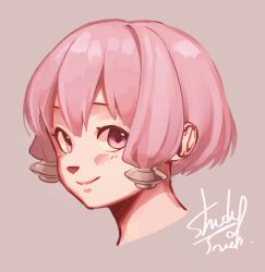 Rule 34 | 1girl, alternate eye color, alternate hair color, alternate hair length, alternate hairstyle, brown background, closed mouth, cropped head, hair ornament, highres, light blush, looking at viewer, low-tied sidelocks, pink hair, portrait, shade of trees, short hair, sidelocks, signature, simple background, smile, solo, vocaloid, voiceroid, yuzuki yukari
