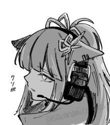 Rule 34 | 1girl, animal ears, arknights, greyscale, hair ornament, haruichi (sazanami complex), hatching (texture), headset, jessica (arknights), linear hatching, long hair, looking ahead, monochrome, parted lips, portrait, profile, simple background, solo, translation request, twitter username, watermark, white background