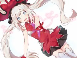 Rule 34 | blue eyes, blush, dress, fate/grand order, fate (series), gloves, hair between eyes, hat, long hair, rider (marie antoinette), simple background, smile, solo, thighhighs, twintails, very long hair, white background, white hair