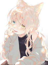 Rule 34 | 1girl, animal ears, bare shoulders, black shirt, blue eyes, cat ears, catulus syndrome, character request, check character, fang, head rest, heterochromia, highres, jacket, light blush, long hair, looking at viewer, open clothes, open jacket, open mouth, shinonome neko-tarou, shirakaba yuki, shirt, signature, solo, upper body, white hair, white jacket, yellow eyes