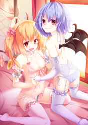 Rule 34 | 2girls, absurdres, alternate costume, areola slip, arm garter, ass, asymmetrical hair, asymmetrical wings, babydoll, bat wings, bed, bed sheet, blonde hair, bow, breasts, choker, cleavage, collarbone, colored eyelashes, elbow gloves, flandre scarlet, frilled legwear, frills, from behind, garter belt, garter straps, gloves, hair bow, hand on another&#039;s hip, highres, holding hands, interlocked fingers, kneeling, kur (kur0320), light purple hair, light smile, lingerie, midriff, modern drawing style, multiple girls, navel, negligee, open mouth, panties, pink legwear, pink panties, purple gloves, purple legwear, red eyes, remilia scarlet, scrunchie, short hair, siblings, side-tie panties, side ponytail, sisters, sitting, small breasts, smile, thighhighs, thighs, touhou, underwear, wariza, wings