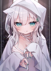 Rule 34 | 1girl, :q, animal ear fluff, animal ears, aqua eyes, bandages, black ribbon, blue eyes, blush, breasts, cleavage, closed mouth, collarbone, commentary request, ghost costume, green nails, grey hair, hair between eyes, hair ornament, hair ribbon, hairclip, hands up, heart, heart hair ornament, highres, hood, hood up, licking lips, long hair, long sleeves, looking at viewer, medium breasts, nail polish, original, ribbon, ringouulu, sleeves past wrists, smile, solo, tongue, tongue out, white hair, wide sleeves