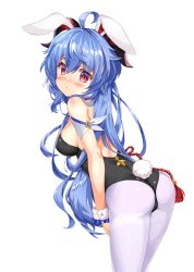 Rule 34 | 1girl, absurdres, ahoge, alternate costume, ass, bare shoulders, blue hair, blush, breasts, cameltoe, embarrassed, from behind, ganyu (genshin impact), genshin impact, goat horns, highres, horns, large breasts, leaning, leaning forward, leotard, long hair, looking at viewer, pantyhose, playboy bunny, rabbit ears, rabbit tail, red eyes, shiny clothes, shiny skin, sideboob, solo, tail, thighs, very long hair, white background, white pantyhose, yuki kokoro
