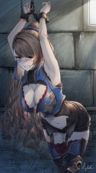 Rule 34 | 1girl, armpits, bdsm, beatrix (granblue fantasy), blush, bondage, bound, breasts, brown eyes, brown hair, chain, cleavage, clenched teeth, commission, garter straps, granblue fantasy, ivris, large breasts, long hair, looking at viewer, midriff, navel, ponytail, shorts, skeb commission, standing, tears, teeth, thighhighs, zettai ryouiki