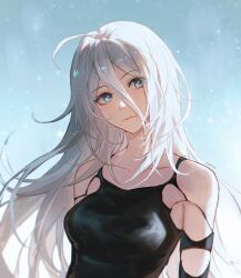 Rule 34 | 1girl, android, artist name, bare shoulders, black gloves, blue eyes, breasts, closed mouth, collarbone, commentary, elbow gloves, english commentary, eyelashes, gloves, gradient background, hair between eyes, highres, light smile, long hair, looking to the side, looking up, medium breasts, messy hair, mole, mole under mouth, nier:automata, nier (series), solo, upper body, white hair, a2 (nier:automata), zieru