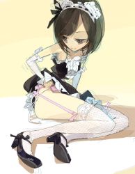 Rule 34 | 1girl, amiami, apron, bare arms, black footwear, breasts, brown hair, clothes lift, dress, dress lift, female focus, fishnet legwear, fishnets, full body, garter belt, garter straps, gradient background, high heels, lace, lifted by self, light smile, maid, maid apron, maid headdress, mary janes, original, panties, pink garter belt, pink garter straps, self exposure, shoes, side-tie panties, simple background, sitting, sketch, small breasts, solo, underwear, white background, white legwear, white panties, yellow background, yokozuwari