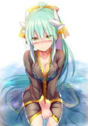 Rule 34 | 1girl, bikini, bikini under clothes, black kimono, blue bikini, blush, bow, breasts, cleavage, detached collar, dragon girl, dragon horns, fate/grand order, fate (series), green hair, hair bow, highres, horns, japanese clothes, kimono, kiyohime (fate), kiyohime (swimsuit lancer) (third ascension) (fate), long hair, long sleeves, looking at viewer, medium breasts, multiple horns, off shoulder, ponytail, see-through, sen (astronomy), swimsuit, thighs, water, wet, wet clothes, wide sleeves, yellow bow, yellow eyes