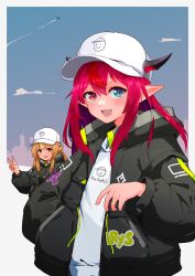 Rule 34 | 2girls, :d, absurdres, baseball cap, black jacket, blonde hair, blue eyes, border, cloud, commentary, contrail, dark-skinned female, dark skin, elf, fang, guyrys, hand in pocket, hat, heterochromia, highres, hololive, hololive english, hood, hooded jacket, hoodie, horns, irys (hololive), jacket, kampagiyowu, long hair, looking at viewer, multicolored hair, multiple girls, open mouth, pointy ears, red eyes, red hair, shiranui flare, sidelocks, smile, streaked hair, upper body, v, virtual youtuber, white border, white headwear, white hoodie