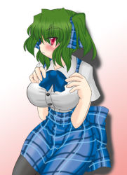 Rule 34 | 1girl, akasode (tyaramu), alice margatroid, alice margatroid (cosplay), alice margatroid (pc-98), blush, breasts, cosplay, female focus, green hair, hands on own chest, impossible clothes, impossible shirt, kazami yuuka, large breasts, mystic square, pantyhose, plaid, plaid skirt, red eyes, shirt, skirt, solo, touhou, touhou (pc-98), twintails