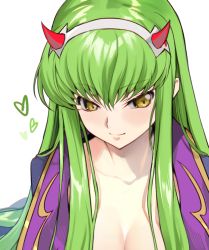 Rule 34 | 1girl, c.c., code geass, collarbone, creayus, crossover, darling in the franxx, fake horns, green hair, grey background, heart, horned headwear, horns, long hair, looking at viewer, open clothes, simple background, smile, solo, yellow eyes, zero two (darling in the franxx)