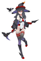 Rule 34 | animal, bare shoulders, bird, black footwear, black hat, blush, boots, bow, burnt, burnt clothes, choker, closed mouth, collarbone, covered navel, crow, eden&#039;s ritter grenze, fire, frills, gloves, grey hair, hair between eyes, hat, holding, holding staff, kageshio (276006), long hair, looking at viewer, purple hat, red bow, red choker, red eyes, red gloves, simple background, skull, smile, staff, two-tone headwear, white background, winged footwear, wings, witch, witch hat