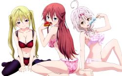 Rule 34 | 3girls, ahoge, asami lilith, barefoot, between legs, blonde hair, blue eyes, blush, bra, braid, breasts, butt crack, cleavage, dessert, feet, floral print, food, grin, hair between eyes, hair ornament, hair over shoulder, hair ribbon, hand between legs, heart, heart hair ornament, highres, knees up, kurata yui, lieselotte sherlock, long hair, looking at viewer, looking back, low twintails, multiple girls, navel, no shoes, non-web source, official art, open mouth, panties, pink bra, pink panties, popsicle, purple eyes, red bra, red hair, ribbon, sideboob, sitting, smile, symbol-shaped pupils, thighhighs, thighs, toes, tongue, tongue out, trinity seven, twintails, underwear, underwear only, very long hair, white background, white hair, yellow eyes