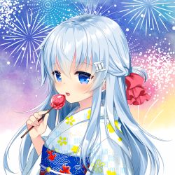 Rule 34 | 1girl, aerial fireworks, animal print, blue eyes, blue hair, bow, commentary request, fireworks, fish print, floral print, food, goldfish print, hair bow, hair ornament, hairclip, hibiki (kancolle), holding, holding food, japanese clothes, kantai collection, kimono, long hair, looking at viewer, motohara moka, obi, parted lips, print kimono, red bow, sash, solo, upper body, white kimono