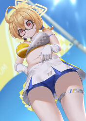 Rule 34 | 1girl, ?, absurdres, ahoge, armlet, belly grab, black-framed eyewear, blonde hair, blue archive, blue background, blue skirt, blurry, blurry background, blush, braid, breasts, closed mouth, commentary, cowboy shot, glasses, gloves, hair between eyes, halo, hand on own stomach, highres, kotori (blue archive), kotori (cheer squad) (blue archive), large breasts, long hair, looking down, millennium cheerleader outfit (blue archive), navel, pleated skirt, plump, red eyes, semi-rimless eyewear, short twintails, skirt, solo, sunkilow, teardrop-framed glasses, thick thighs, thighlet, thighs, triangle halo, twintails, under-rim eyewear, white gloves, white skirt, yellow halo