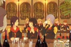 Rule 34 | 3girls, 5boys, alcohol, bad id, bad pixiv id, black hair, class, cup, drinking, eight (fft-0), final fantasy, final fantasy type-0, glass, glasses, hair ornament, hairclip, index finger raised, jack (fft-0), military, military uniform, multiple boys, multiple girls, nine (fft-0), own hands together, queen (fft-0), seven (fft-0), teacup, trey (fft-0), ugonba, uniform, wine