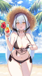 Rule 34 | 1girl, areola slip, bikini, bikini pull, blush, clothes pull, cocktail, cocktail glass, collarbone, crossed bangs, cup, drinking glass, gaia (girls&#039; frontline), girls&#039; frontline, gluteal fold, halterneck, highres, jamgom, long hair, low twintails, multi-strapped bikini, navel, o-ring, o-ring bikini, parted lips, sangvis ferri, skindentation, smile, solo, swimsuit, teeth, thigh gap, twintails, upper teeth only, very long hair, white hair, yellow eyes