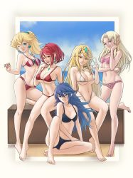Rule 34 | 5girls, blonde hair, blue eyes, blue hair, breasts, cleavage, clothes pull, earrings, fire emblem, fire emblem awakening, highres, jewelry, large breasts, lucina (fire emblem), mario (series), medium breasts, multiple girls, mythra (xenoblade), nintendo, one-piece swimsuit pull, pomelomelon, princess peach, princess zelda, pyra (xenoblade), red hair, sideboob, small breasts, smile, super mario bros. 1, the legend of zelda, the legend of zelda: a link between worlds, underboob, xenoblade chronicles (series), xenoblade chronicles 2