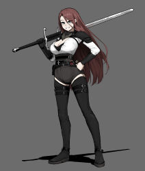 Rule 34 | 1girl, absurdres, black gloves, breasts, brown hair, cleavage, commentary, english commentary, full body, gloves, gogalking, green eyes, grey background, grin, hand on own chest, highres, holding, holding sword, holding weapon, large breasts, long hair, looking at viewer, original, shadow, simple background, single glove, smile, solo, sword, very long hair, weapon