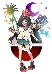 Rule 34 | 1girl, :d, beanie, black hair, blush, commentary request, creatures (company), crescent, eyelashes, game freak, gen 7 pokemon, green shorts, grey eyes, hat, head tilt, highres, holding, holding poke ball, kisama (0213), looking at viewer, nintendo, on shoulder, open mouth, pigeon-toed, poke ball, poke ball (basic), pokemon, pokemon (creature), pokemon on shoulder, pokemon sm, rowlet, selene (pokemon), shirt, shoes, short sleeves, shorts, smile, standing, teeth, tied shirt, tongue, z-ring