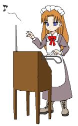 Rule 34 | 1girl, blue eyes, boots, brown hair, cross-laced footwear, futaba channel, instrument, lace-up boots, long hair, lowres, maid, maid headdress, medoi, music, musical note, nijiura maids, oekaki, playing instrument, simple background, solo, theremin, white background
