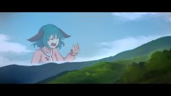 Rule 34 | 1girl, animal ears, big enough (meme), blue sky, commentary, english commentary, closed eyes, green hair, hand up, highres, kasodani kyouko, landscape, letterboxed, medium hair, meme, open mouth, parody, sky, solo, speckticuls, touhou, v-shaped eyebrows