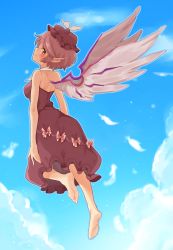 Rule 34 | 1girl, adapted costume, alternate costume, animal ears, back, bad id, bad twitter id, barefoot, bird wings, blue sky, blush, bow, cloud, day, dress, feathers, feet, flying, full body, hajin, hat, highres, looking back, mob cap, mystia lorelei, pink hair, profile, red eyes, short hair, sky, smile, soles, solo, strapless, strapless dress, touhou, wings