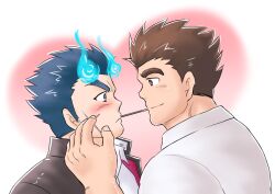 Rule 34 | 2boys, bara, blue fire, blue hair, blush, couple, facial hair, facial scar, fiery horns, fire, food, food in mouth, forked eyebrows, from side, hair slicked back, heart, heart background, horns, male focus, multiple boys, pikako182, pocky, pocky day, pocky in mouth, pocky kiss, profile, protagonist 3 (housamo), sakimori toji, scar, scar on cheek, scar on face, shared food, short hair, sideburns stubble, stubble, thick eyebrows, tokyo houkago summoners, upper body, yaoi