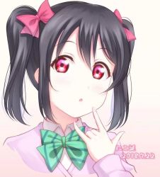 Rule 34 | 1girl, :o, artist name, artist request, black hair, blue skirt, blush, bow, bowtie, cardigan, collared shirt, female focus, green bow, green bowtie, hair bow, long sleeves, looking at viewer, love live!, love live! school idol project, nico nico nii, otonokizaka school uniform, parted lips, pink cardigan, red bow, red eyes, ryo (wyrapnf1yy25nzx), school uniform, shirt, short hair, skirt, smile, solo, striped bow, striped bowtie, striped clothes, twintails, white background, yazawa nico