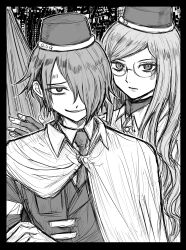 Rule 34 | 1boy, 1girl, cape, closed mouth, collared shirt, commentary request, evil smile, facial mark, glasses, gloves, greyscale, hair over one eye, hat, highres, jacket, kinu (konoyoha mtgi), long hair, looking at viewer, martina electro, master detective archives: rain code, monochrome, necktie, open mouth, shirt, short hair, smile, upper body, yomi hellsmile
