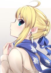 Rule 34 | ahoge, aqua eyes, artoria pendragon (all), artoria pendragon (fate), bad id, bad pixiv id, blue ribbon, blue scarf, blush, braid, brown background, closed mouth, earrings, fate/stay night, fate (series), from side, hair ribbon, jewelry, kureha (angelite), long sleeves, looking at viewer, looking to the side, official alternate costume, ribbon, saber (fate), scarf, sidelocks, sideways glance, solo, sword earrings, upper body