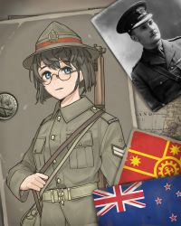 Rule 34 | 1boy, 1girl, absurdres, belt, blue eyes, blush, bolt action, breast pocket, brown hair, brown headwear, brown shirt, collared shirt, glasses, gun, gun on back, hat, hearts of iron, highres, kaiserreich, lee-enfield, long sleeves, looking at viewer, military, new zealand flag, original, parted lips, photo (object), pocket, pzkpfwi, rifle, round eyewear, shirt, short hair, weapon, weapon on back
