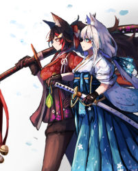 Rule 34 | 2girls, absurdres, alternate costume, animal ear fluff, animal ears, black gloves, black hair, feet out of frame, fox ears, fox girl, from behind, gloves, hakama, hakama short skirt, hakama skirt, highres, holding, holding sword, holding weapon, hololive, huge filesize, inre kemomimi, japanese clothes, katana, kimono, long hair, looking away, multiple girls, ookami mio, ookami mio (new year), pantyhose, print kimono, shirakami fubuki, shirakami fubuki (new year), silver hair, skirt, sleeves rolled up, sword, tail, tail around own leg, tail wrap, virtual youtuber, weapon, wolf ears, wolf girl