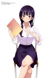 Rule 34 | 1girl, absurdres, black hair, blush, boku no kokoro no yabai yatsu, breasts, chair, cleavage, collared shirt, crossed legs, highres, large breasts, long hair, looking at viewer, magazine scan, megami magazine, mole, mole on neck, official art, on chair, scan, school uniform, shirt, simple background, sitting, skirt, smile, solo, thighs, unbuttoned, unbuttoned shirt, white background, white shirt, yamada anna