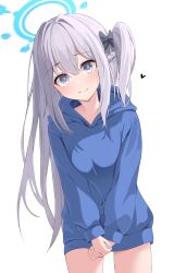 Rule 34 | 1girl, absurdres, blue archive, blue halo, blue hoodie, blush, braid, breasts, closed mouth, cowboy shot, grey hair, hair between eyes, halo, heart, highres, hood, hood down, hoodie, leepy, long hair, long sleeves, miyako (blue archive), miyako (young) (blue archive), one side up, purple eyes, simple background, small breasts, smile, solo, white background