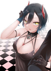 Rule 34 | 1girl, absurdres, alternate costume, azur lane, black gloves, black hair, black nightgown, breasts, checkered floor, cleavage, cross, detached collar, gloves, hair between eyes, highres, horns, iron cross, jewelry, large breasts, masa (masae50), mechanical horns, multicolored hair, necklace, nightgown, red horns, short hair, solo focus, streaked hair, two-tone hair, ulrich von hutten (azur lane), white hair, yellow eyes