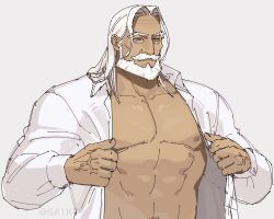 Rule 34 | 1boy, abs, bara, bare pectorals, beard, blue eyes, dark-skinned male, dark skin, dressing, facial hair, grey background, highres, jp (street fighter), large pectorals, long hair, looking down, male focus, mature male, muscular, muscular male, mustache, nipples, old, old man, open clothes, open shirt, pectorals, sa1k0p, solo, street fighter, street fighter 6, thick eyebrows, thick mustache, upper body, white hair