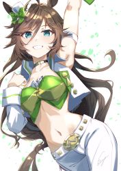 Rule 34 | 1girl, absurdres, ahoge, animal ears, arm belt, arm up, armpits, bandeau, blouse, blue eyes, breasts, brown hair, choker, cleavage, collarbone, commentary request, cowboy shot, green bandeau, green shirt, grin, groin, hair between eyes, hair ornament, hairclip, hat, highres, horse ears, horse girl, horse tail, jacket, long hair, long sleeves, looking at viewer, medium breasts, midriff, mini hat, mini top hat, mr. c.b. (umamusume), navel, pants, partial commentary, shirt, sidelocks, signature, single bare shoulder, single sleeve, sleeve cuffs, smile, solo, standing, sui (sui27shika), tail, top hat, umamusume, white background, white hat, white pants, yellow choker