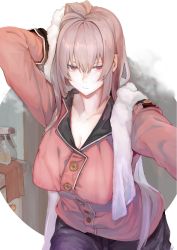 Rule 34 | 1girl, breasts, cleavage, collared shirt, drying, fate/grand order, fate (series), florence nightingale (fate), hair between eyes, hair down, harutask, highres, large breasts, long hair, looking at viewer, pajamas, pink hair, red eyes, shirt, solo, towel, towel around neck