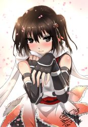 Rule 34 | 10s, 1girl, blush, brown eyes, brown hair, cherry blossoms, dated, elbow gloves, fingerless gloves, gloves, go-it, kantai collection, looking at viewer, sendai (kancolle), sendai kai ni (kancolle), short hair, signature, solo, two side up