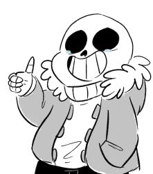 Rule 34 | 1boy, commentary, false smile, greyscale, grin, hand in pocket, hood, hoodie, male focus, monochrome, mudkipful, no eyes, sans (undertale), simple background, skeleton, smile, solo, sweater, tears, thumbs up, undertale